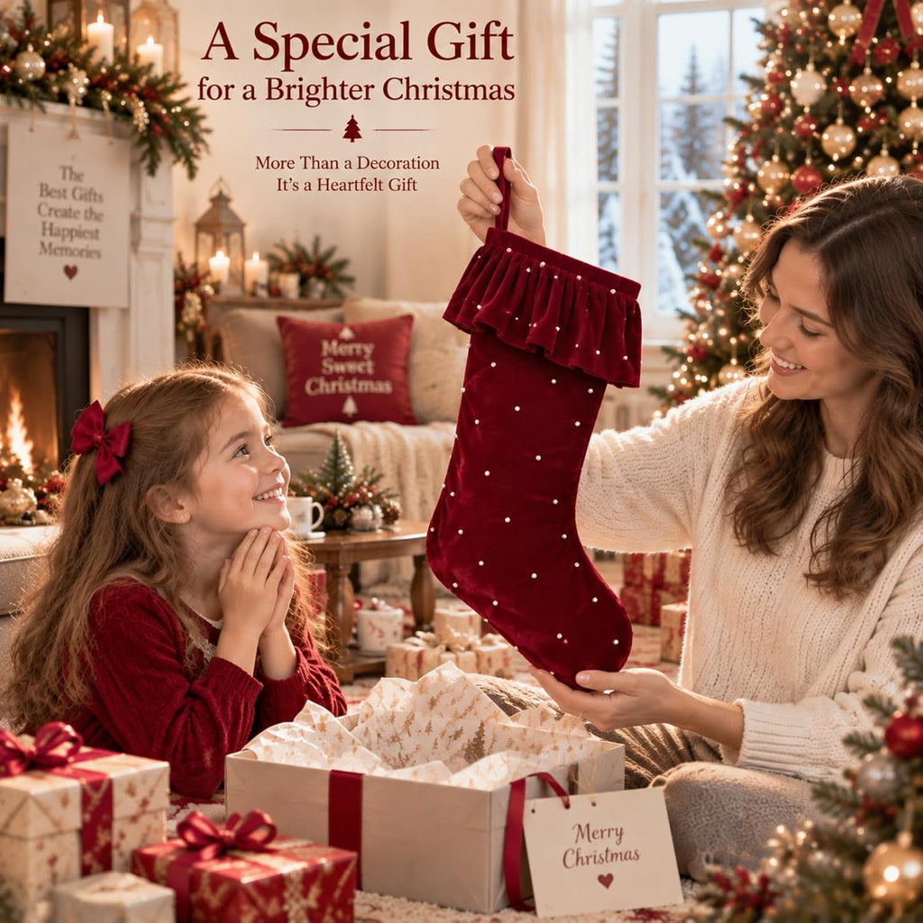 Velvet Christmas Stockings Set of 4, Pearls Ruffled