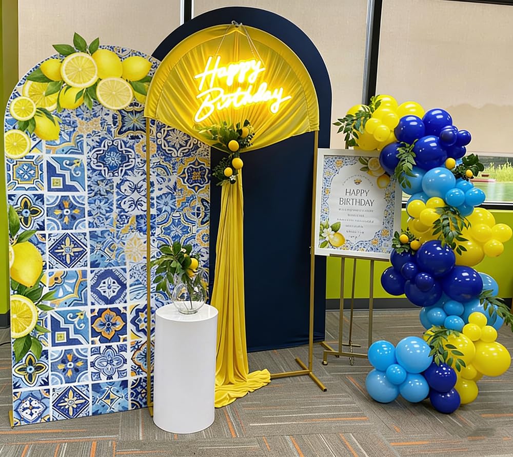 Patchwork Tile Arch Backdrop Cover Mediterranean Lemon Arched Stand Covers for Birthday Porcelain Parties Banquet