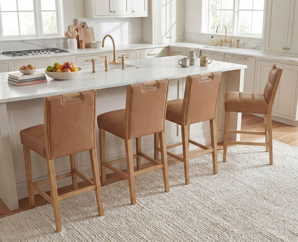 26 Inch Upholstered Modern Bar Stools Set of 3, Wooden Counter Height Barstools with 5" Thick Padded Seat & Cushioned