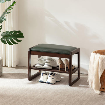 Small Shoe Rack Bench, 2 Tier Solid Wooden Entryway Bench(Green)