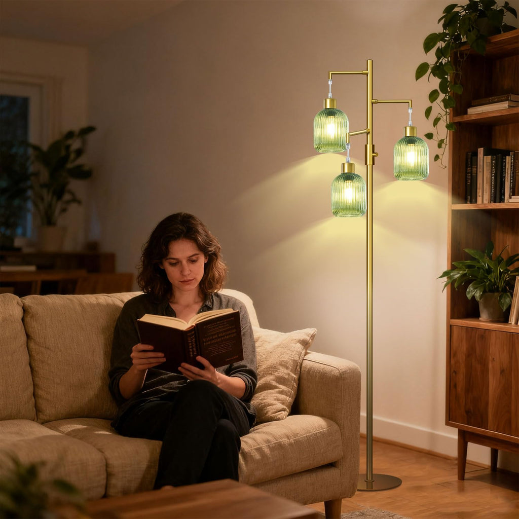 Modern Floor Lamps, Glass Standing Lamp with Green Shade, Dimmable Ribbed Glass 3 Lights Floor Lamps, Mid Century