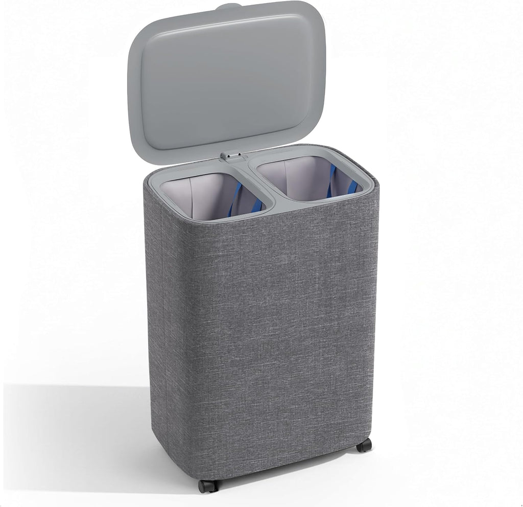 Dual Section 90L Laundry Basket with Wheels and Lid - Tall divided Double Laundry Hamper with 2 Removable Washable