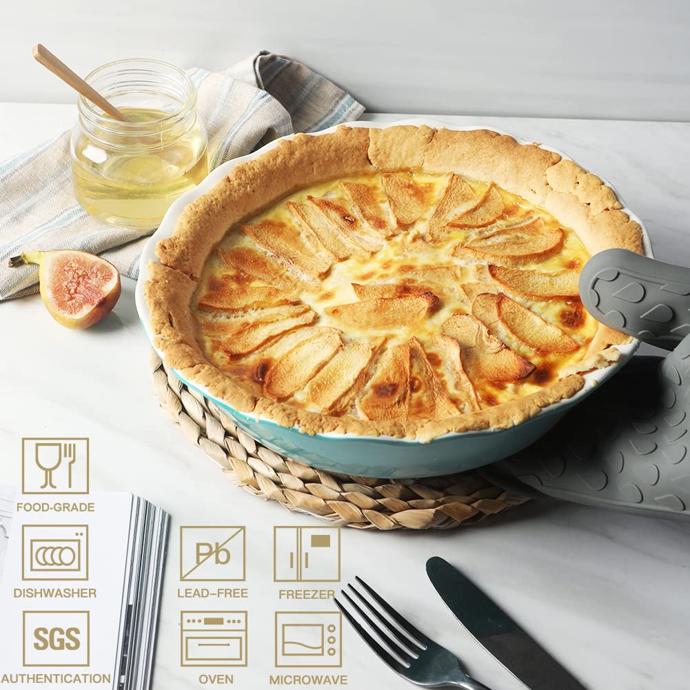 Ceramic Pie Pan - 10 Inch Round Baking Dish for Dinner, Non-Stick with Soft Wave Edge for Apple, Pumpkin, Pot Pies