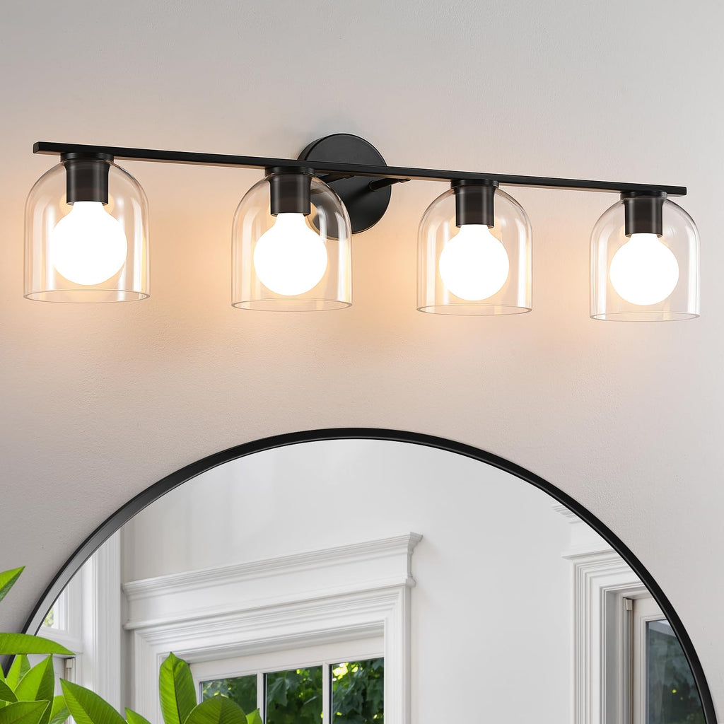 Bathroom Vanity Light Fixtures: 32.3 Inch Modern Matte Black Bathroom Lighting Fixtures Over Mirror with Clear Glass