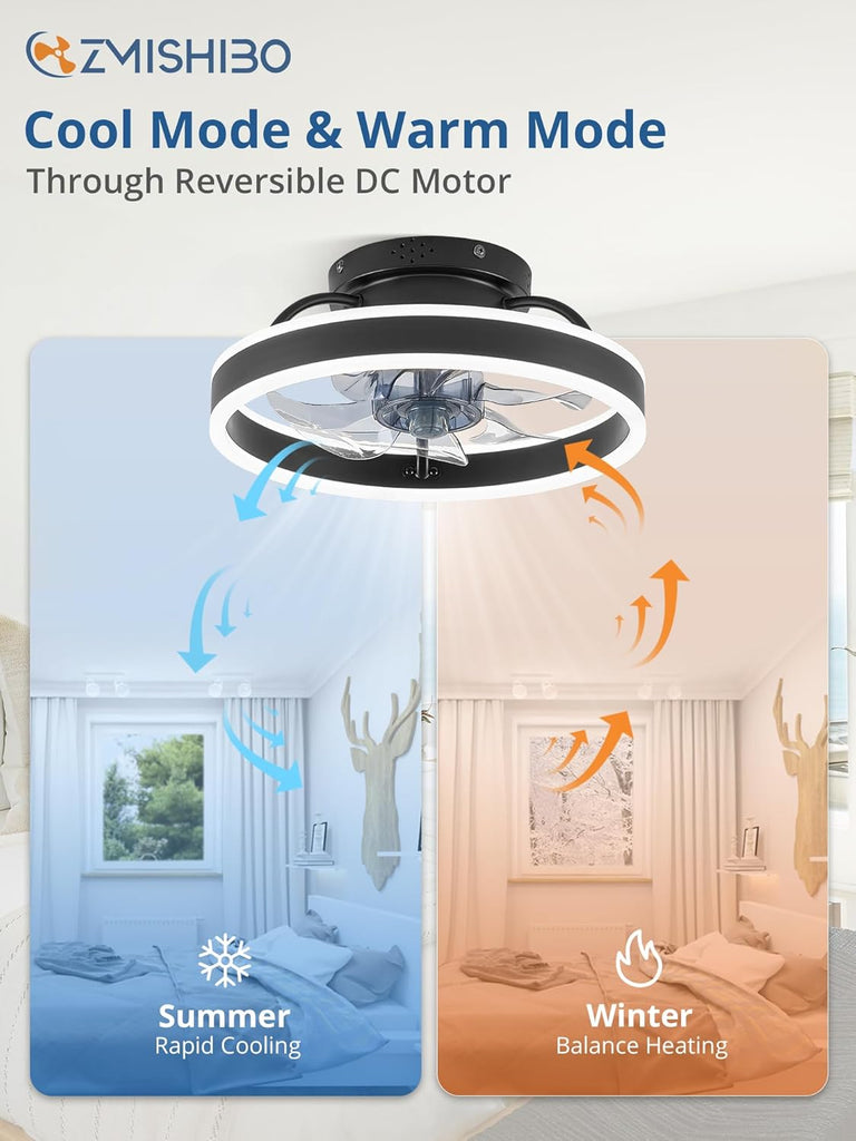 Low Profile Ceiling Fans with Lights and Remote, 13 Inch Fandelier Ceiling Fan with Light, Black Modern Flush Mount Ceiling Fan, Small Dimmable LED Fan Lights for Bedroom A101-B0D2KW3N48