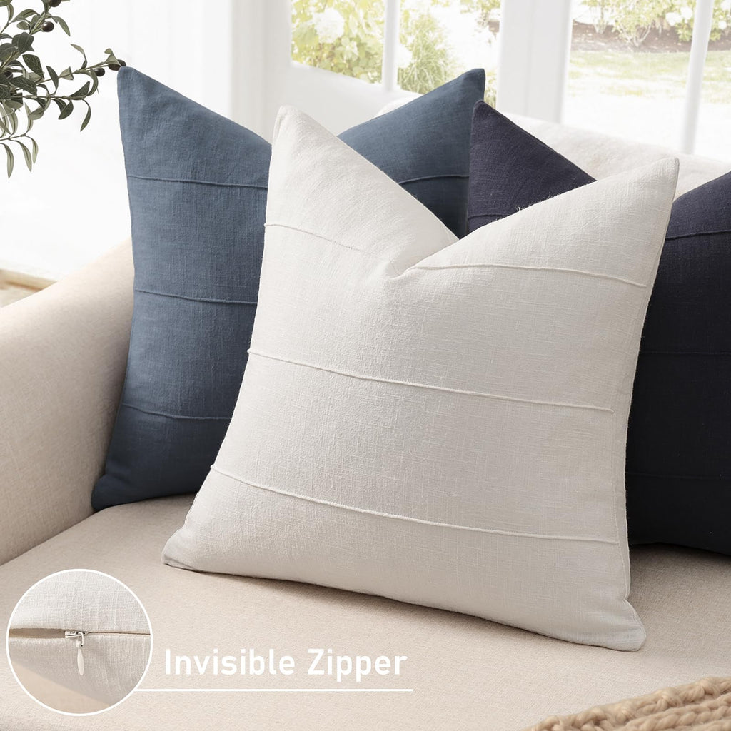 Decorative Linen Throw Pillow Covers 22x22 Set of 2 Solid handcrafted Striped Cushion Covers for Bed Soft Modern