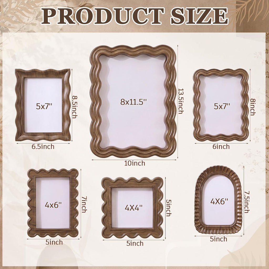 6 Pcs Antique Picture Frames, Scalloped Wavy Edges,Wood,Retro | Vintage Wooden Photo Frame Set, Mixed Sizes, for