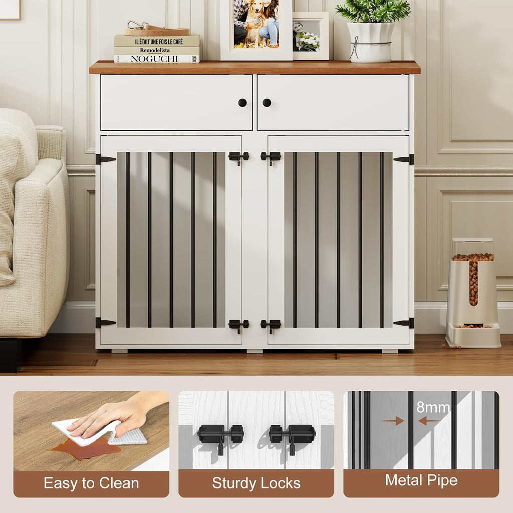 Dog Crate Furniture for 2 Dogs, 41 Inch Double Dog Cage, White