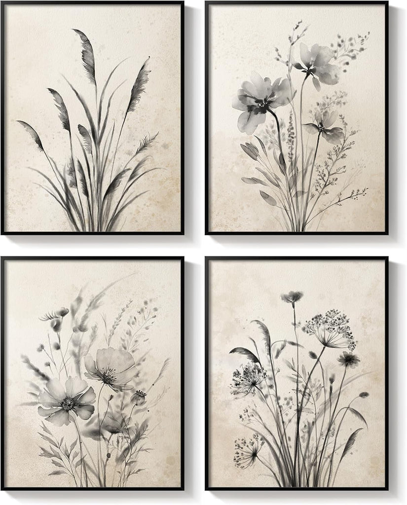 Framed Vintage Botanical Wall Art, 4 Piece Neutral Rustic Boho Floral Canvas Painting Prints for Modern Farmhouse