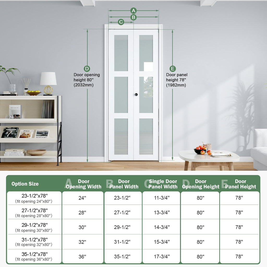 Bifold Doors for 30"×80" Opening, White Frosted Glass Folding Barn Door, Sliding Interior Wood Panel Closet Bifolding