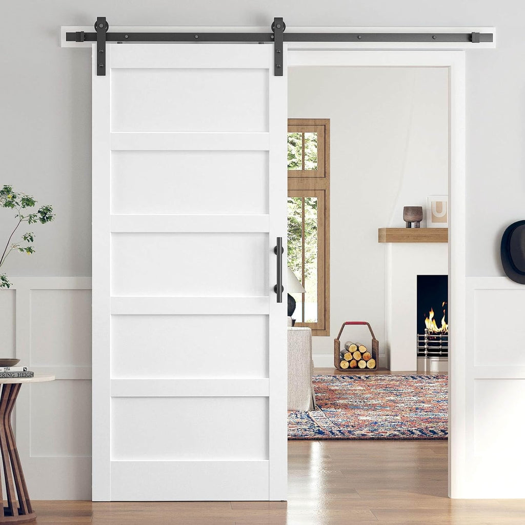36x84 Inch White Sliding Barn Door Slab with 6.6ft Hardware Kit Included, 5-Panel, MDF Wood Panel Co