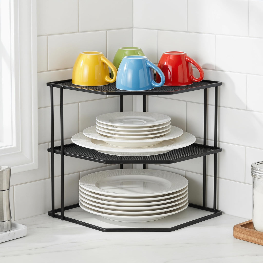 3-Tier Corner Shelf Cabinet Organizer, 9 x 9 x 7.5 Inches Metal Plate Rack Dish Organizer Counter, Cupboard, Pantry