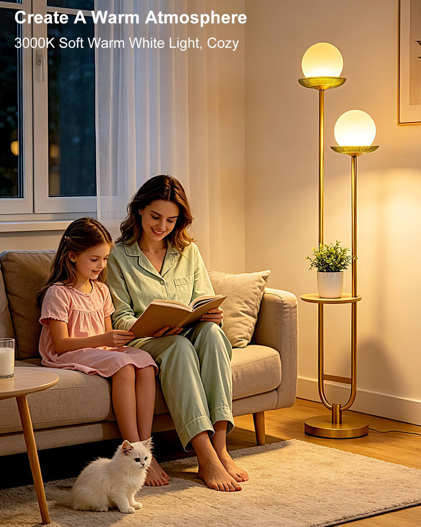 2-Globe Gold Floor Lamp Dimmable with Green Glass Tray Tall Lamp
