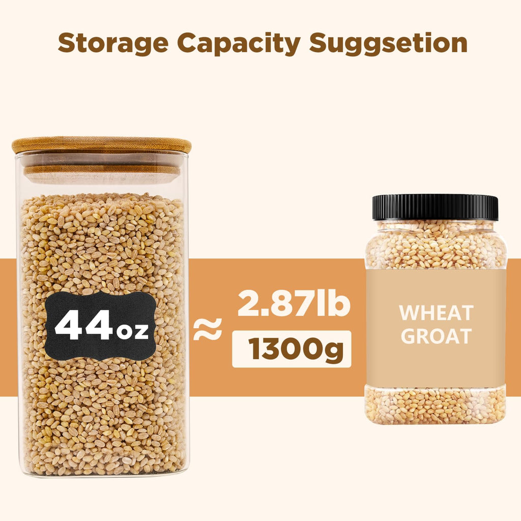Glass Food Storage Jars Square 44oz, 3 Pack Glass Jars With Bamboo Lids, Kitchen Storage Containers For Spice, Candy