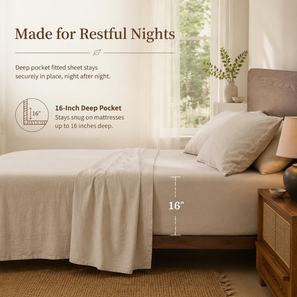 100% French Linen Sheets, 4 Pcs, 16" Deep Pocket