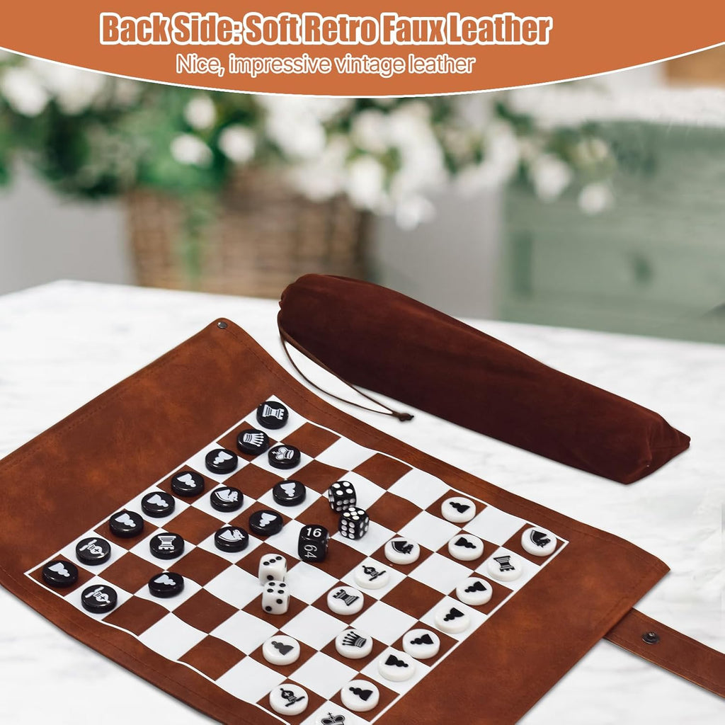 Chess, Checkers, and Backgammon Set 3 in 1 - Roll-up Leather Board Games, Portable and Lightweight with Drawstring