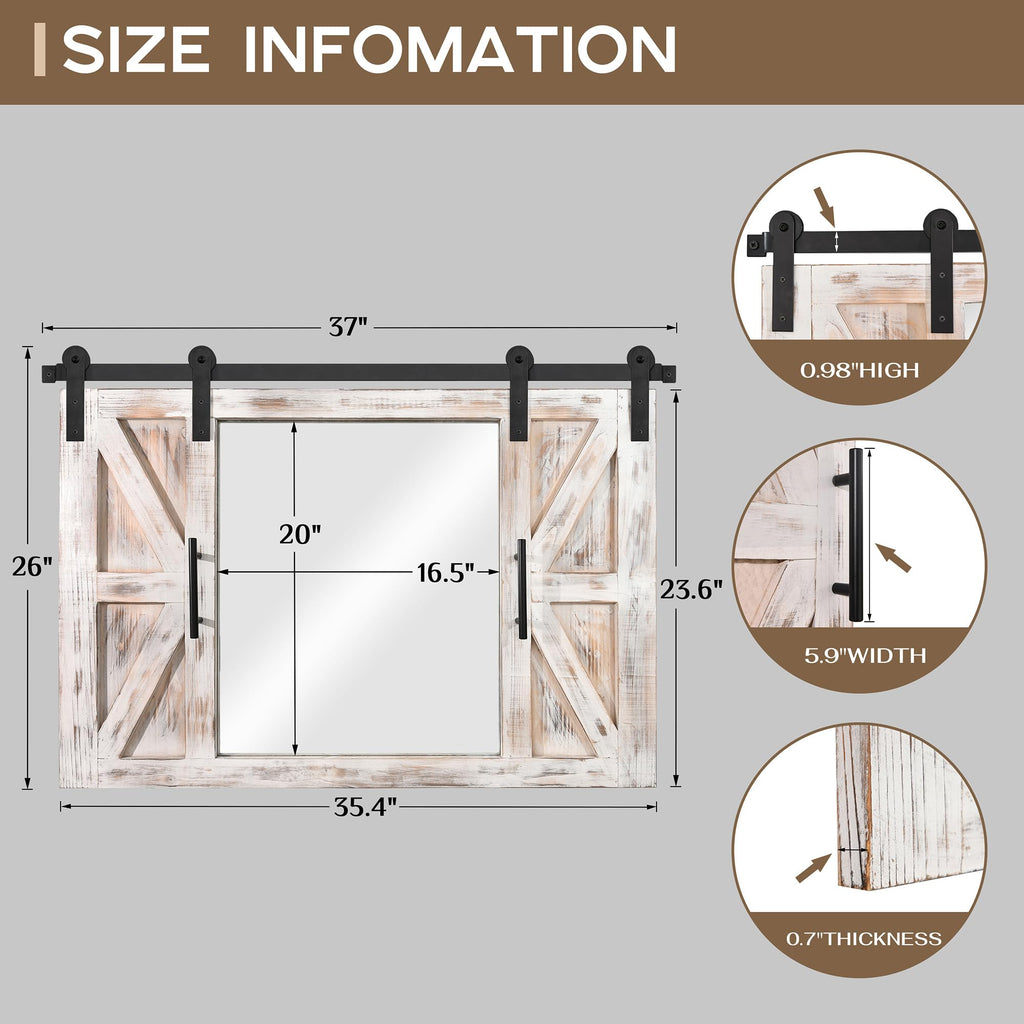 Farmhouse Barn Door Mirror - 37" x 26" Wall Mirror Rustic White