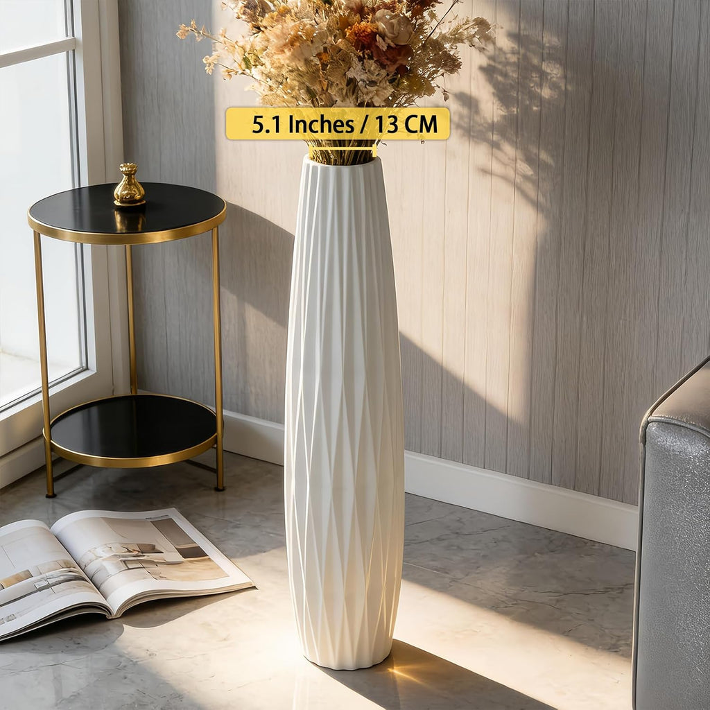 White Tall Ceramic Floor Vase, 35.4 Inch, Ribbed Design, Large Decor | Glossy Glazed Finish, Spacious Rooms