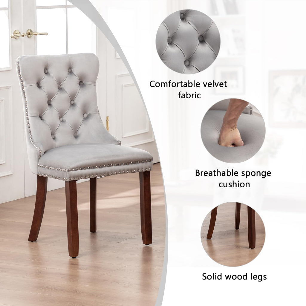 Velvet Dining Chairs Set of 4, Upholstered Dining Chairs with Ring Pull Trim and Button Back, Modern Seating (Light