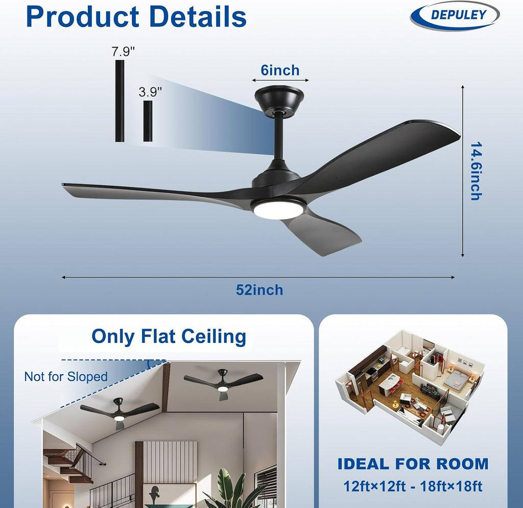52-Inch Ceiling Fan with Light: Black 3 Blade Outdoor Fans for Patios - Dimmable Indoor Fan with Remote APP Control Ultra Quiet DC Motor Reversible 6 Speed Timer A101-B0DP6VN56W