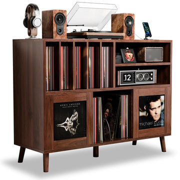XL Record Player Stand with Sliding Doors, 500+ Vinyl Record Storage Cabinet