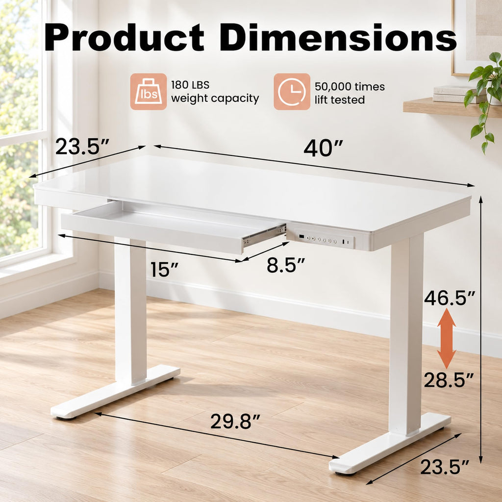 Glass Standing Desk, Height Adjustable Desk, 40 X 24 Inch, White