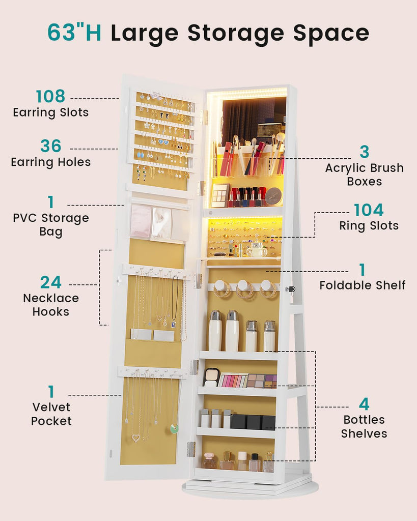 Mirror Jewelry Cabinet Standing with RGB Lights, 360° Swivel, Lockable