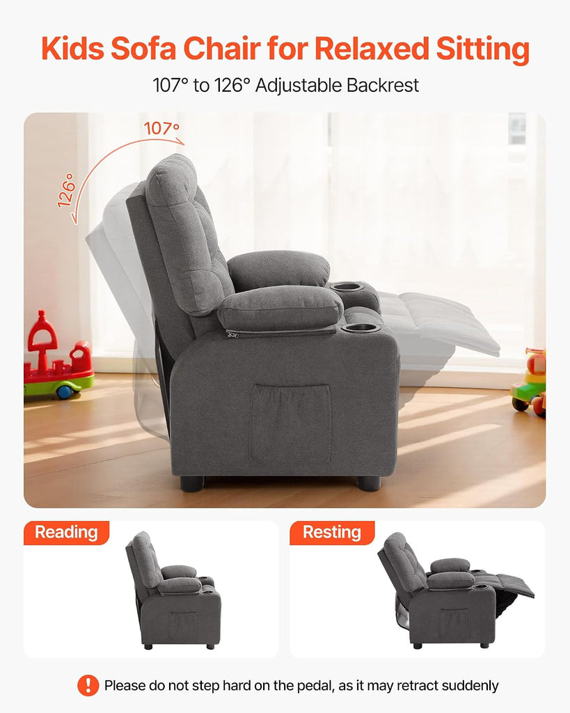 Kids Recliner Chair, Toddler Lounger with Cup Holders & Pockets, 107° to 126° Adjustable Back, Breathable Polyester
