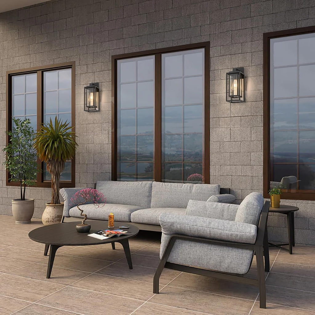 14" Outdoor Wall Light Fixtures Waterproofed Exterior Lantern W/Sturdy Rectangular Double Cage In Satin Black&Clear
