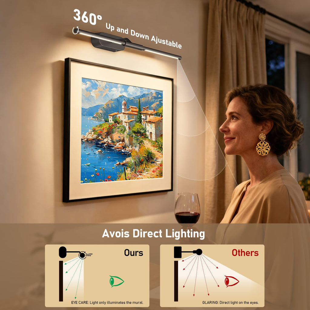 24" Wireless Picture Light for Wall, Rechargeable Art Light with Remote, 8000mAh Battery Operated, 3 Color Modes &