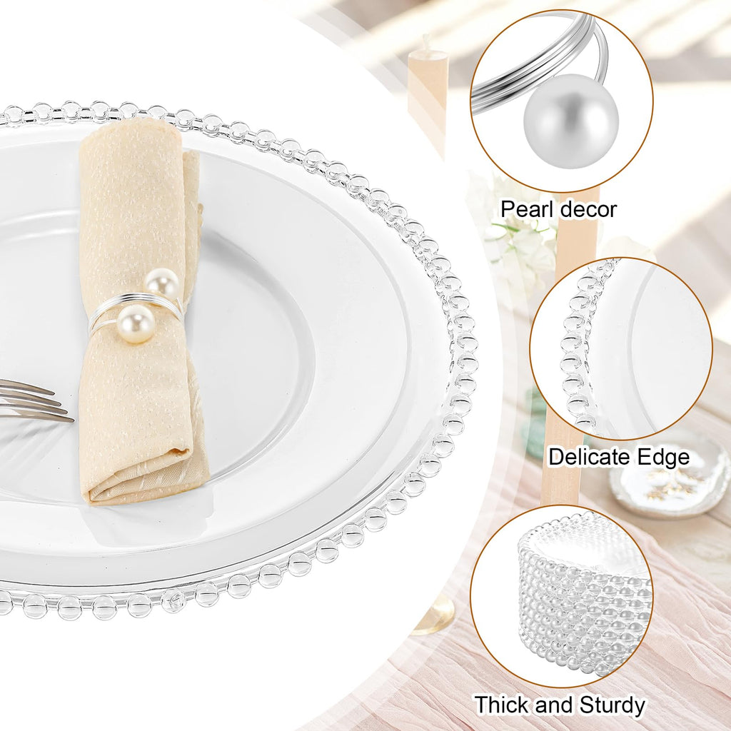 50 Set Clear Beaded Charger Plates Bulk for Wedding, 13 Inch