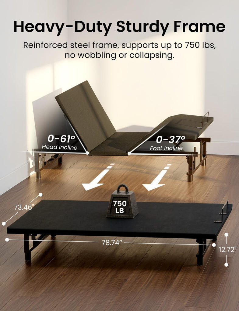 King Adjustable Bed Frame with Wireless Remote, Electric Bed Base, Black