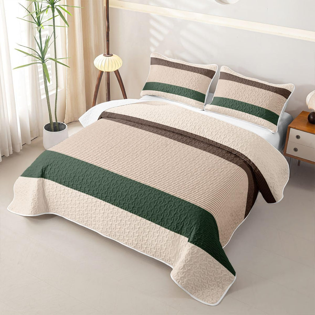 Brown Green Striped Quilt Set Farmhouse Stripe Bedspread Coverlet, Modern Patchwork Soft Lightweight Quilted