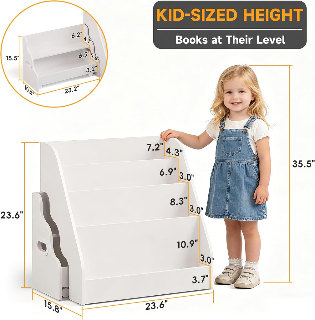 2-in-1 Montessori Kids Bookshelf - Toddler Nursery 4 Tier Wooden Shelf | Display Book Shelf for Kids Rooms, Children