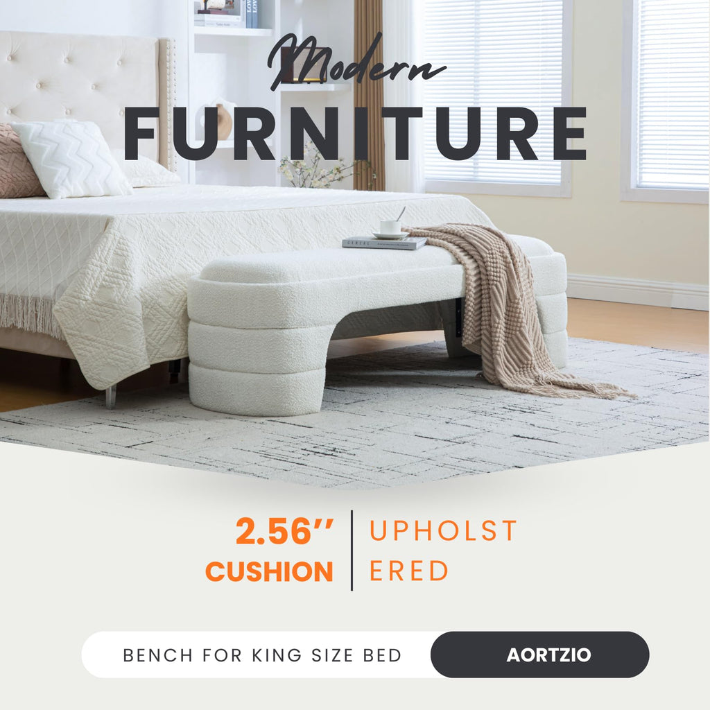 65" W Shoe Bench Modern Upholstered King Size End of Bed, White.