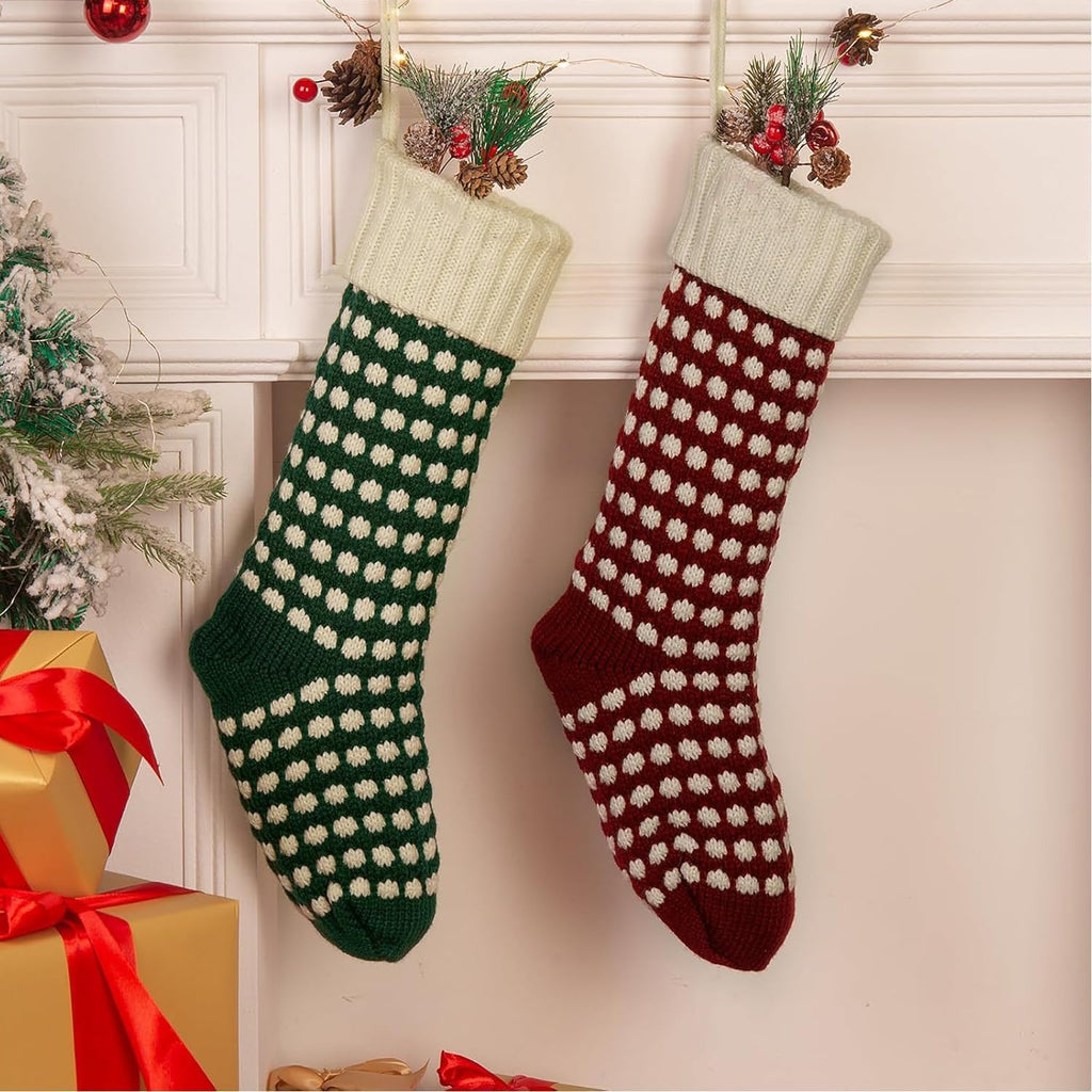 S ,18" Unique Burgundy and Green Knit Christmas Stockings Dots Style (Length 18",Pack 2) - Set of 2