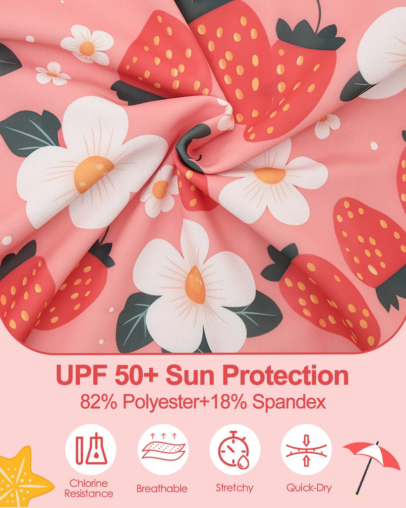 Baby Girl Strawberry One Piece Rash Guard Swimsuit, Long Sleeves Full Body Zipper Toddler Rashguard Swimwear Bathing