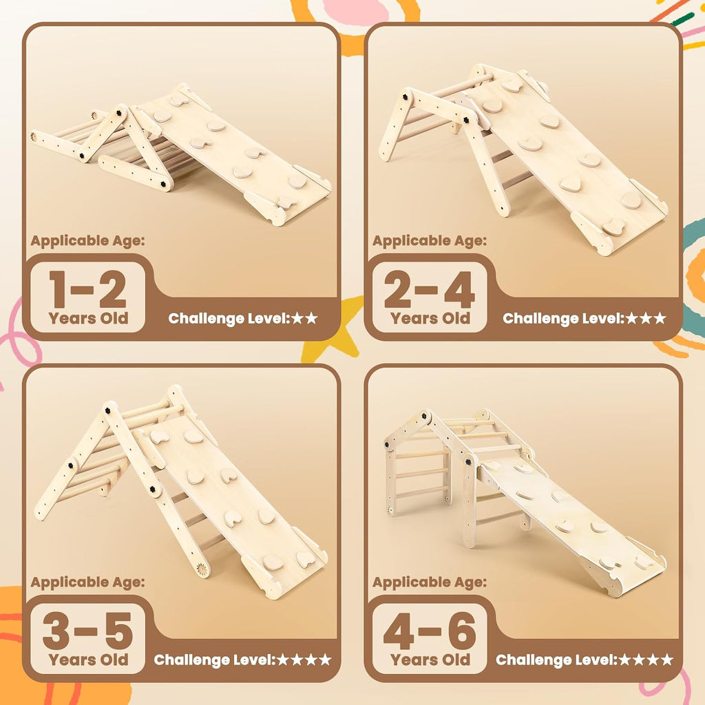In-1 Deformable Triangle Set with Sliding Ramp & Climbing Arch Ramp, Wooden Toddler Climbing Toys Indoor
