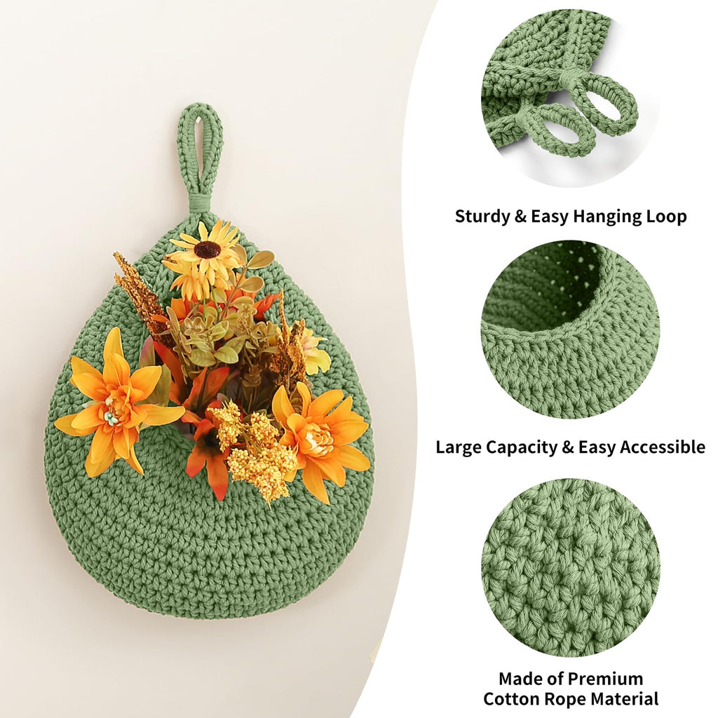 Boho Wall Hanging Fruit Baskets 3 Pack Woven Produce Holder with 6 Pcs Strong Hooks Vegetable Hanging Basket for