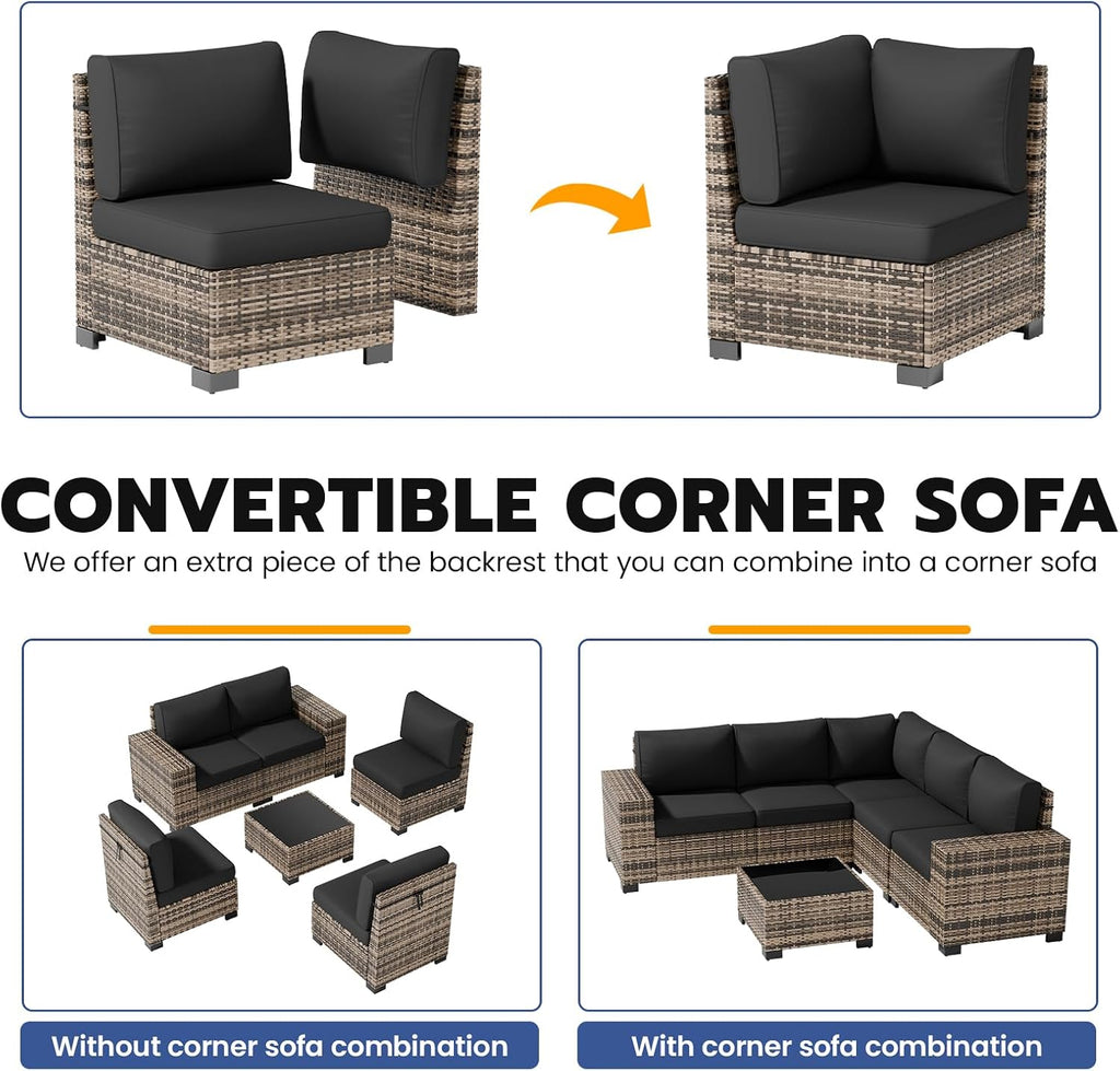 Patio Furniture Set, 6 Piece Outdoor Sectional Sofa with Thick Cushions | Wicker Rattan Wide Armrest Patio Sectional