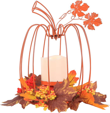 Thanksgiving Decorations,Fall Pumpkin Lanterns Decorative Indoor & Outdoor,Orange Wrought Iron Pumpkin Shape Tealight