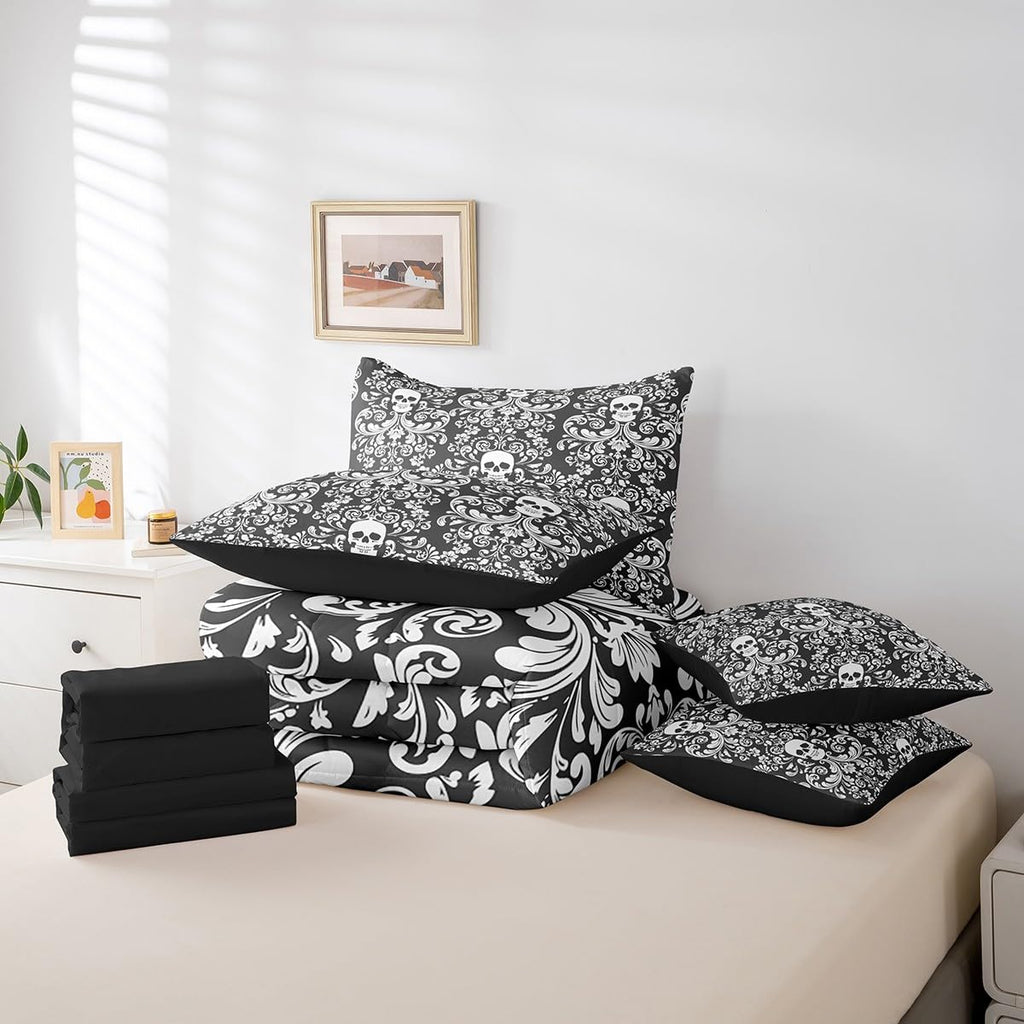 Damask Gothic Bedding Set Adults Antique Victorian 7 Piece Comforter Set Full Bed in a Bag, Black and White Sugar