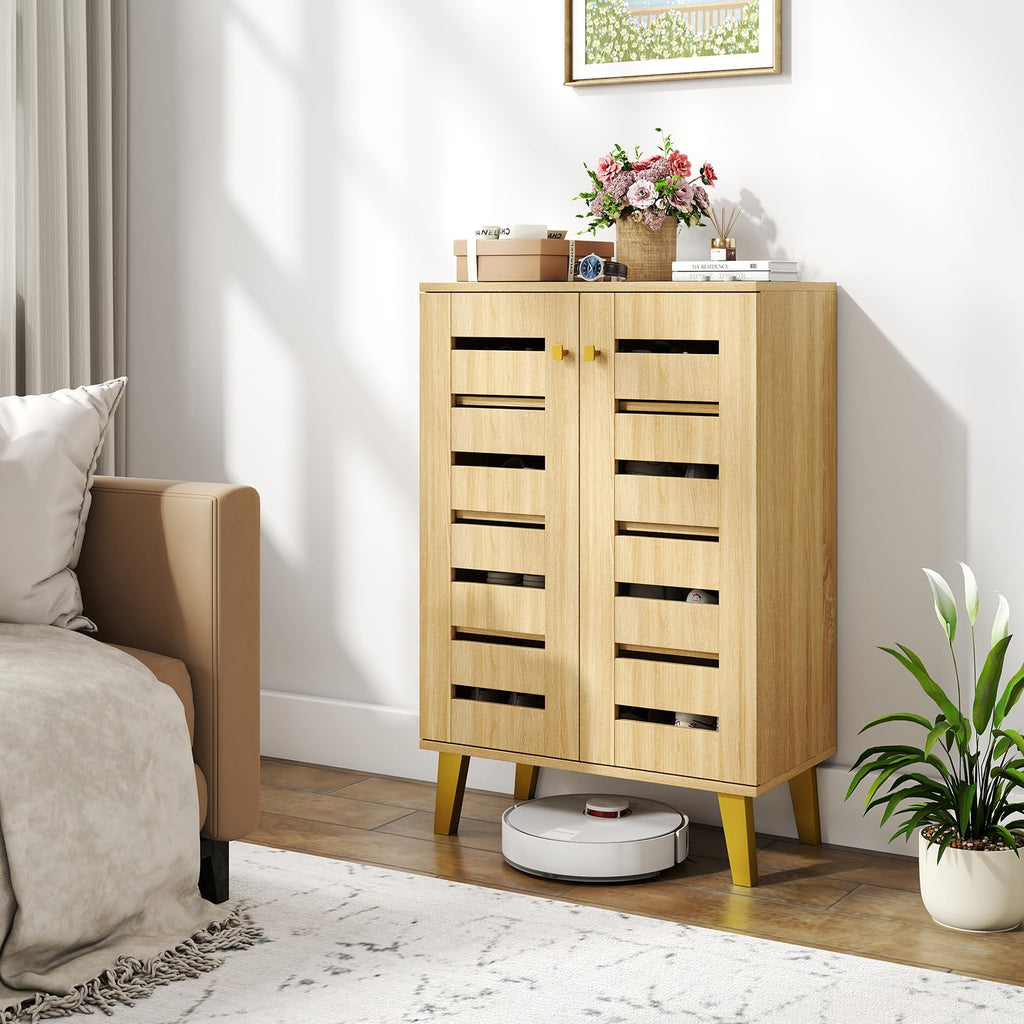 Shoe Cabinet with Doors, Modern Wooden Narrow Shoe Storage Cabinet