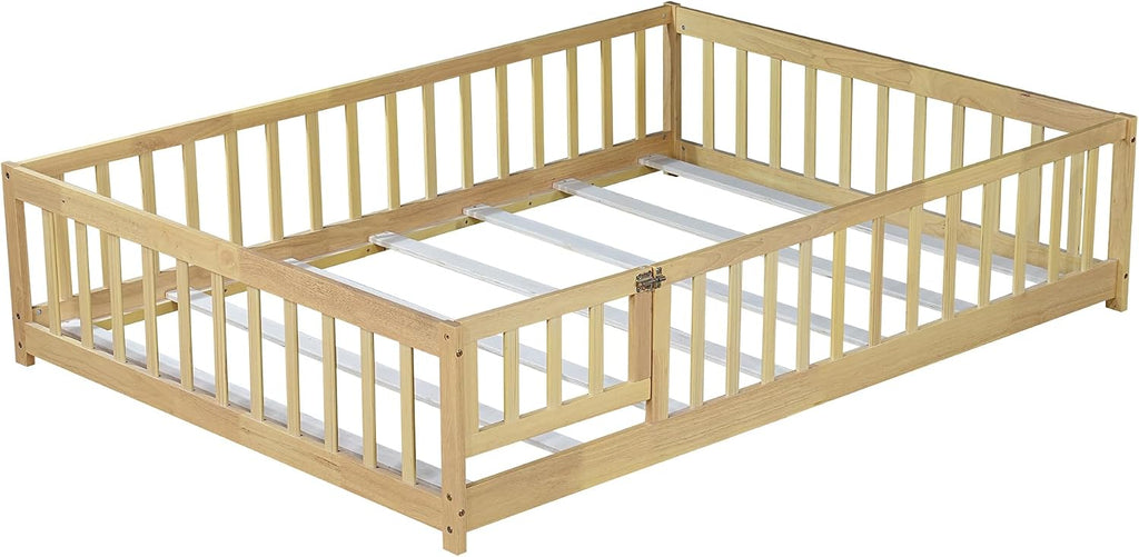 Floor Bed Frame with Fence and Door for Kids, Montessori Floor Bed with Slats and Safety Guardrails, Solid