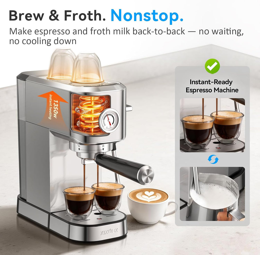 Espresso Machine with Milk Frother for Cappuccino & Latte | 20-Bar Pump, Built-in Pressure Gauge, Powerful Steam