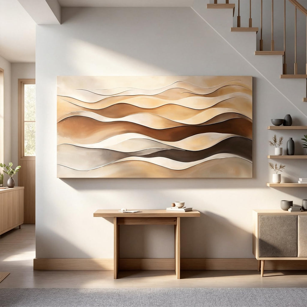 Large Abstract Canvas Wall Art Decor Print Brown White Aesthetic Wall Decor Painting Prints Minimalist Wavy Stripes