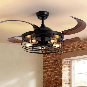 48" Retractable Ceiling Fan with Lights and Remote, Rustic Fandelier Ceiling Fan Black Bladeless Industrial Ceiling