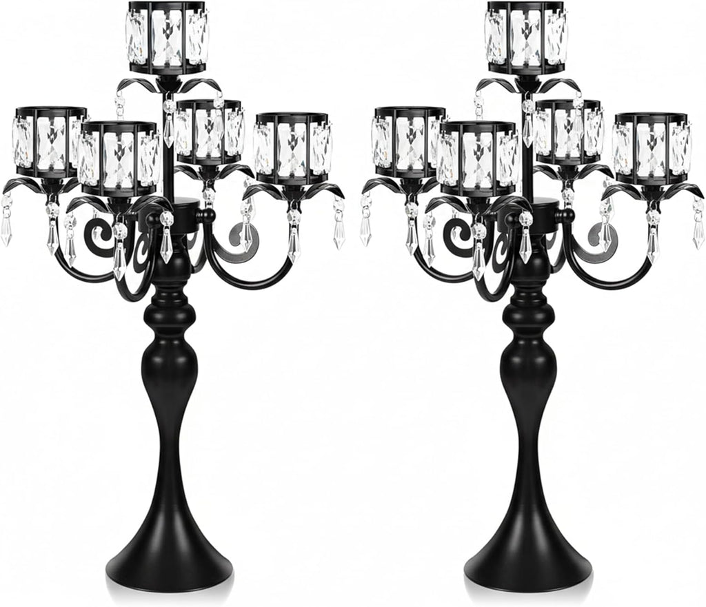 Black Candelabra Centerpieces for Tables - 5 Arm Crystal Pendant Candle Holders, Elegant Metal Centerpieces