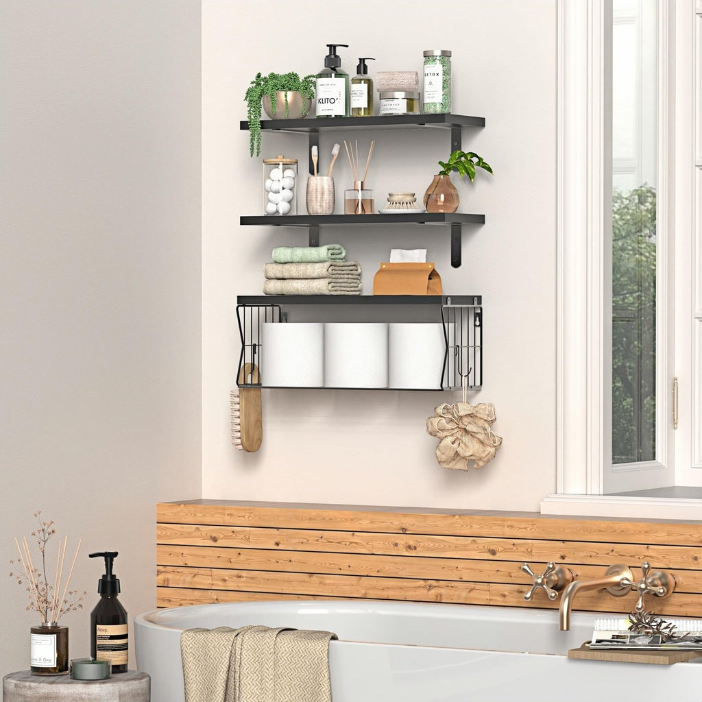 Floating Bathroom Shelves Wall Mounted - Wooden Shelf Set of 3 for Over Toilet Storage & Modern Bathroom Decor