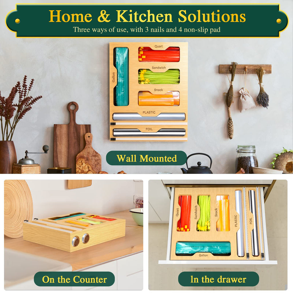 Bag Organizer and Plastic Wrap Dispenser with Cutter, 6 In 1 Bamboo Foil and Plastic Wrap Organizer Drawer, Food
